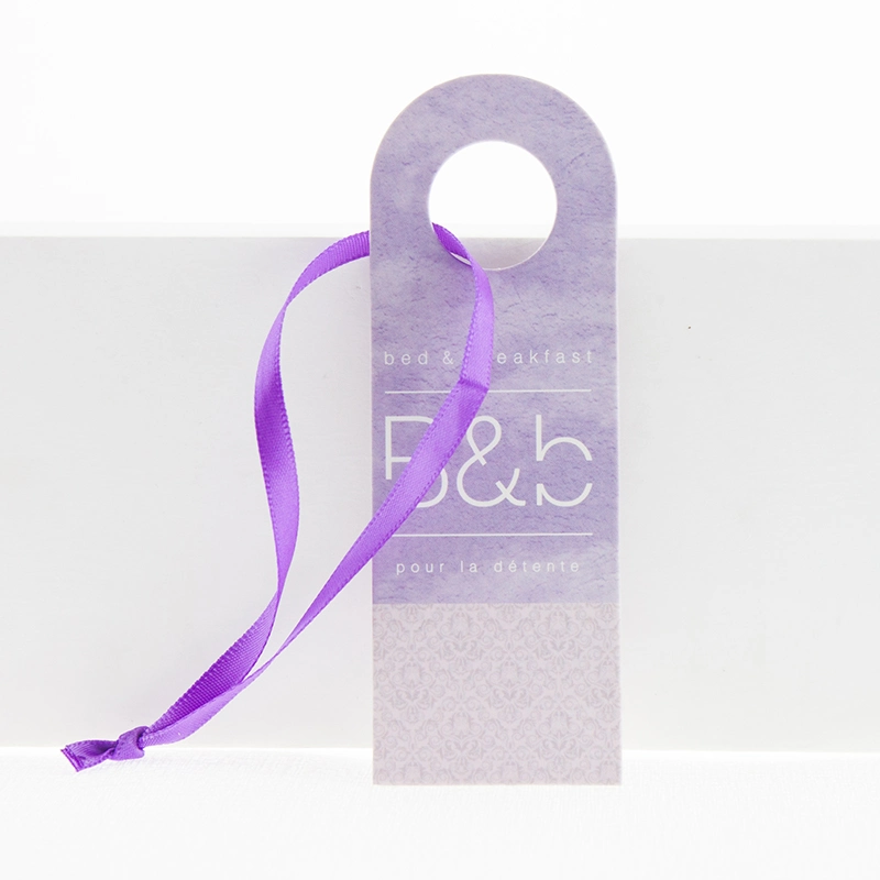 Custom Logo UV Cardboard Folded Garment Purple Hangtag with Ribbon